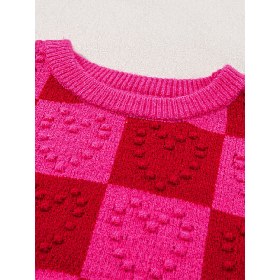 Plaid Heart Round Neck Sweater Apparel and Accessories