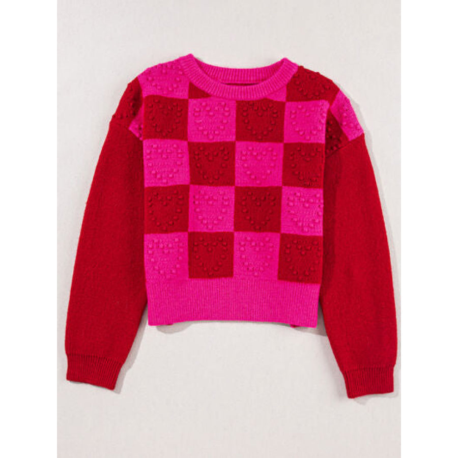 Plaid Heart Round Neck Sweater Apparel and Accessories
