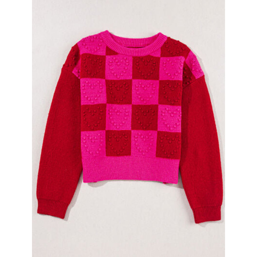 Plaid Heart Round Neck Sweater Scarlet / S Apparel and Accessories