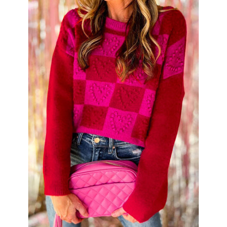 Plaid Heart Round Neck Sweater Scarlet / S Apparel and Accessories