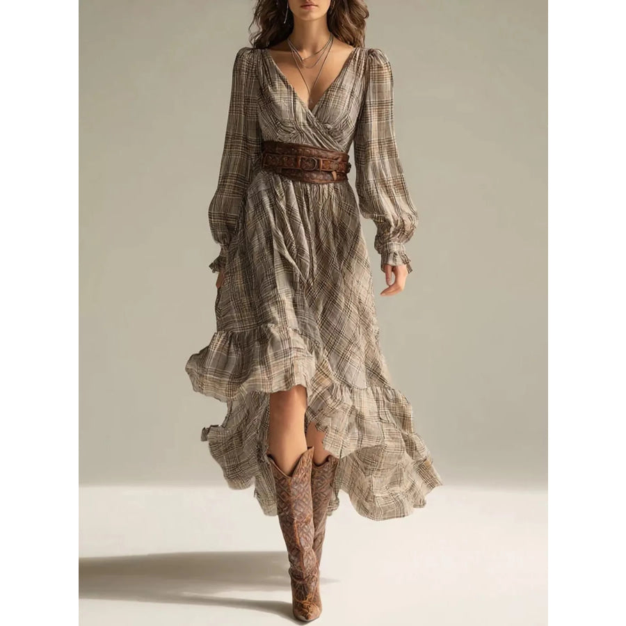 Plaid High-Low Long Sleeve Dress Apparel and Accessories