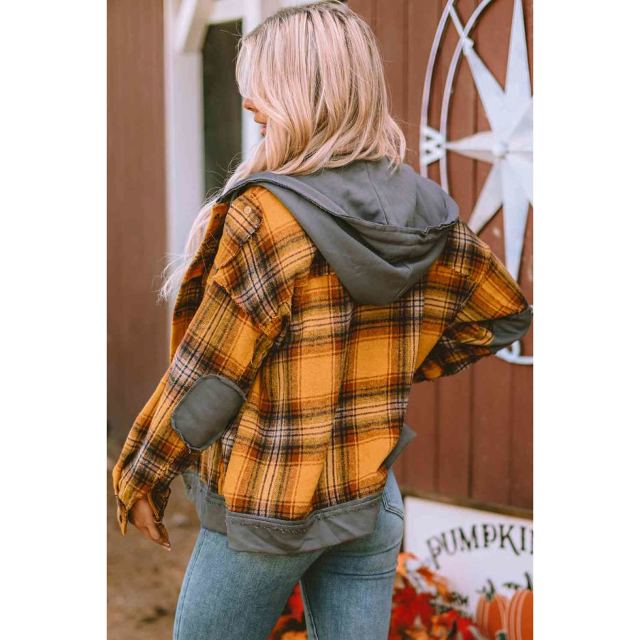 Plaid Hooded Button Front Jacket Sherbet / S