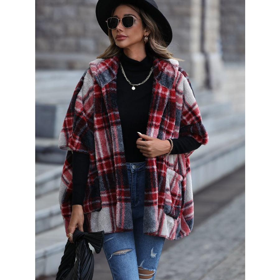 Plaid Hooded Coat with Pockets Black / S