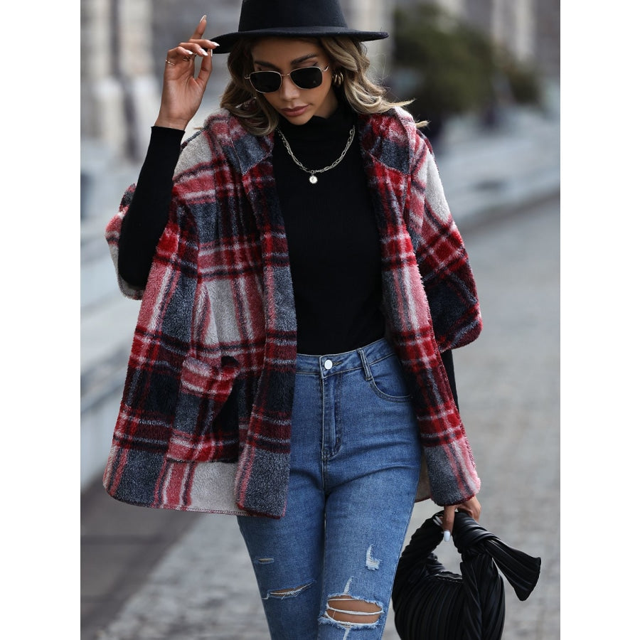 Plaid Hooded Coat with Pockets