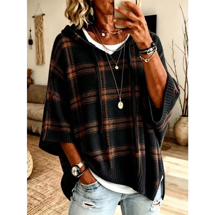Plaid Hooded Knit Sweater Black / S