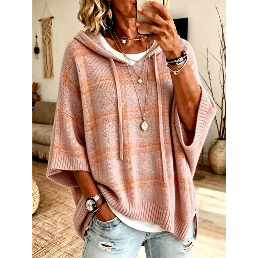 Plaid Hooded Knit Sweater Coral / S