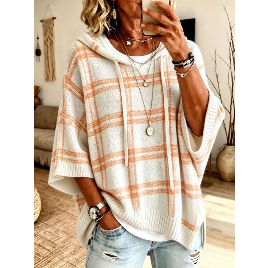 Plaid Hooded Knit Sweater Cream / S