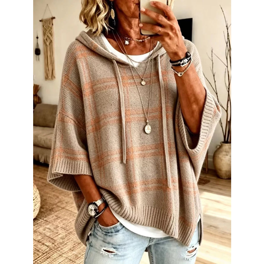 Plaid Hooded Knit Sweater Khaki / S
