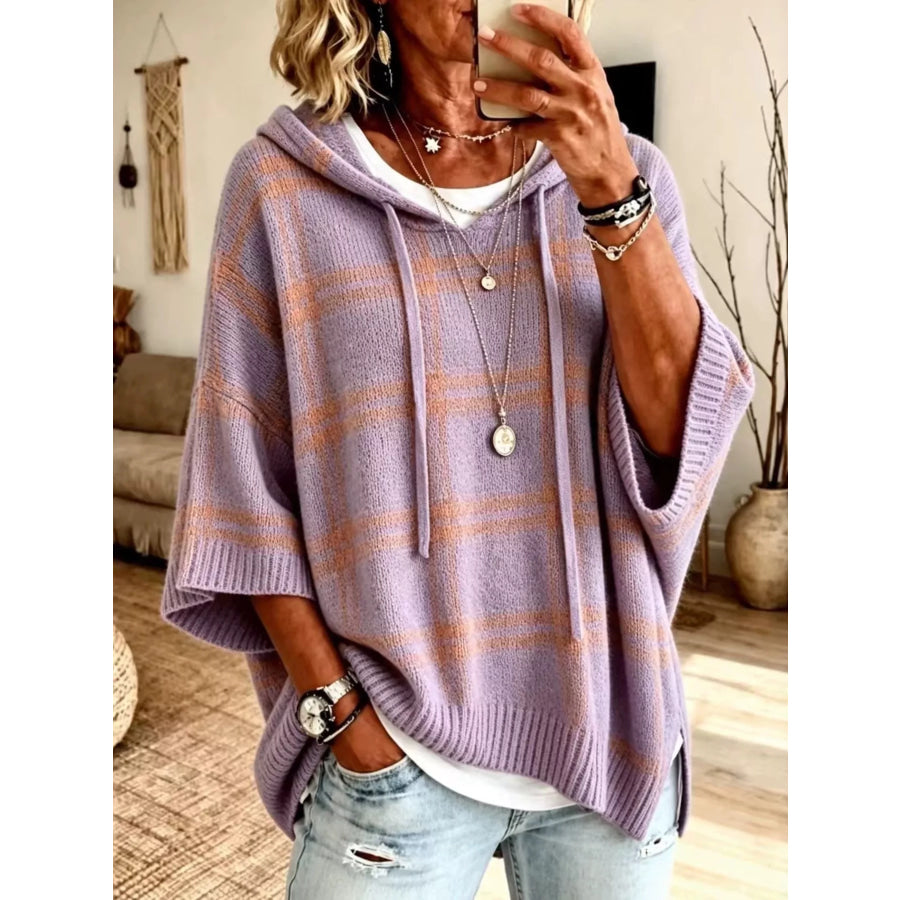 Plaid Hooded Knit Sweater Lavender / S
