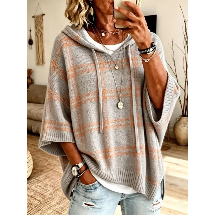 Plaid Hooded Knit Sweater Light Gray / S
