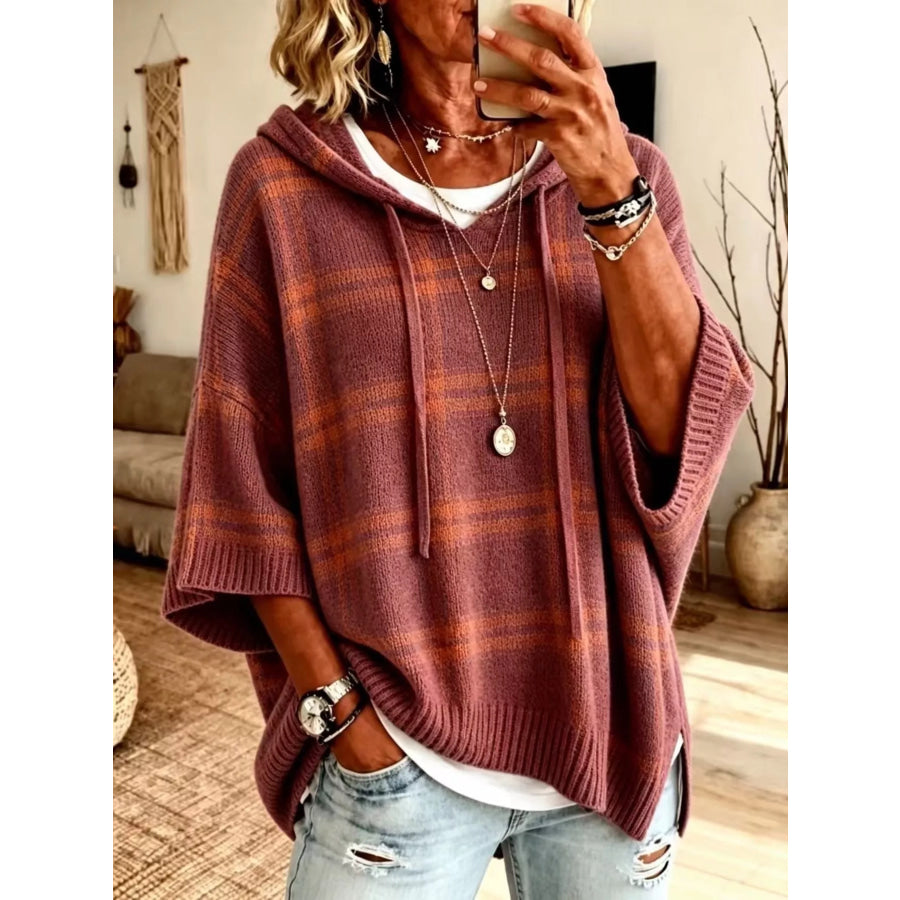 Plaid Hooded Knit Sweater Red / S