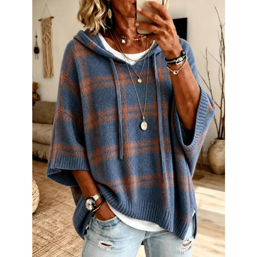 Plaid Hooded Knit Sweater Sea Blue / S