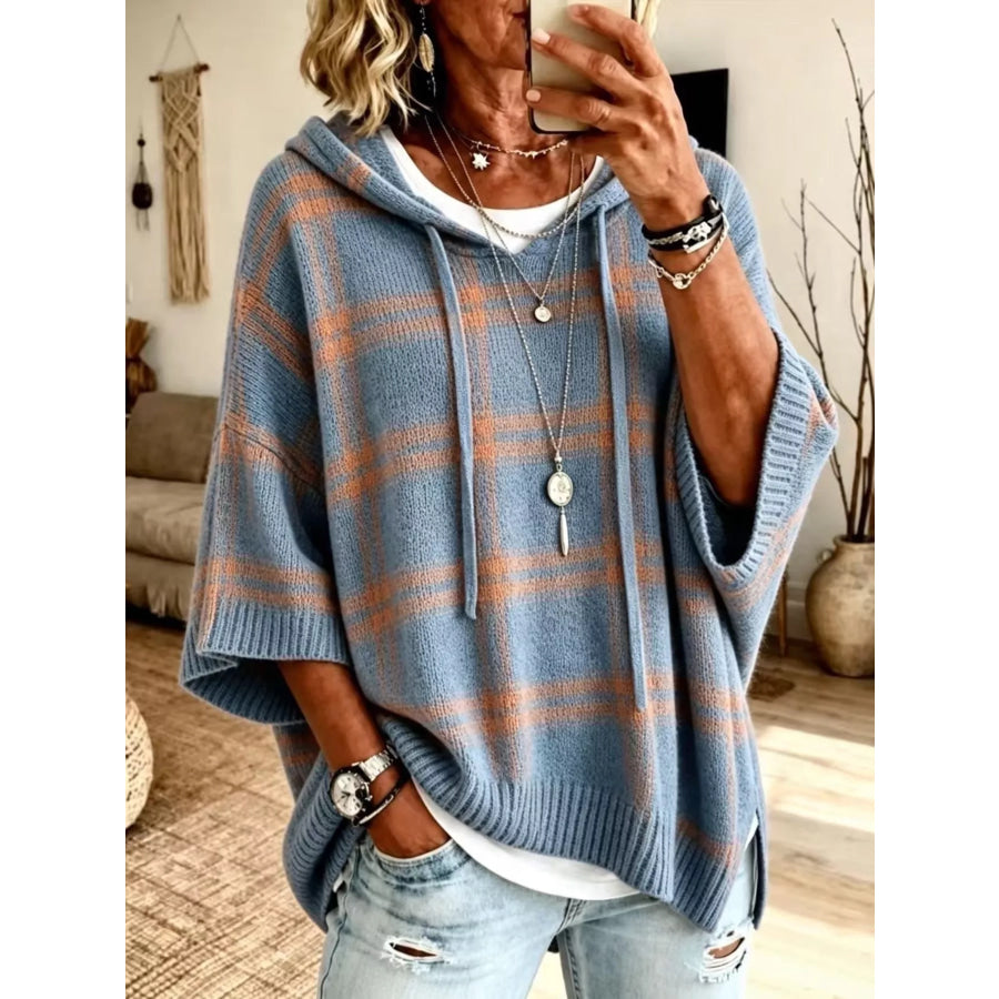 Plaid Hooded Knit Sweater Sky Blue / S