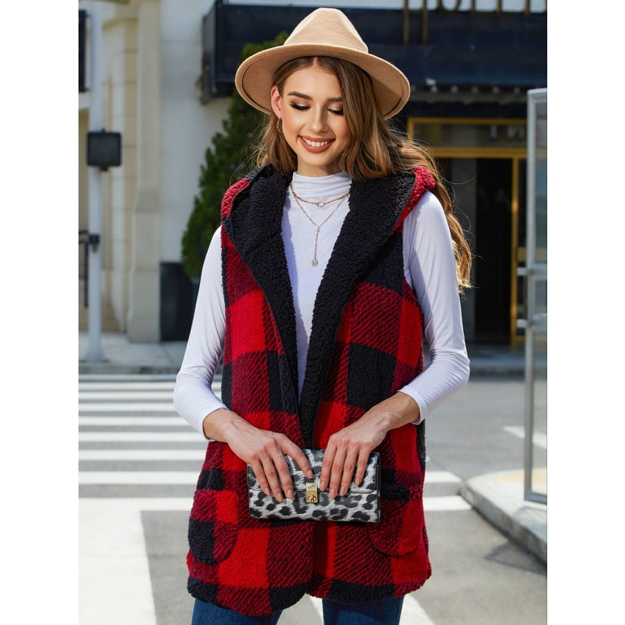 Plaid Hooded Vest Deep Red / S