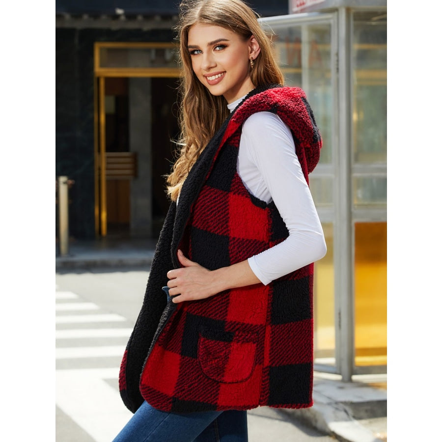 Plaid Hooded Vest Deep Red / S