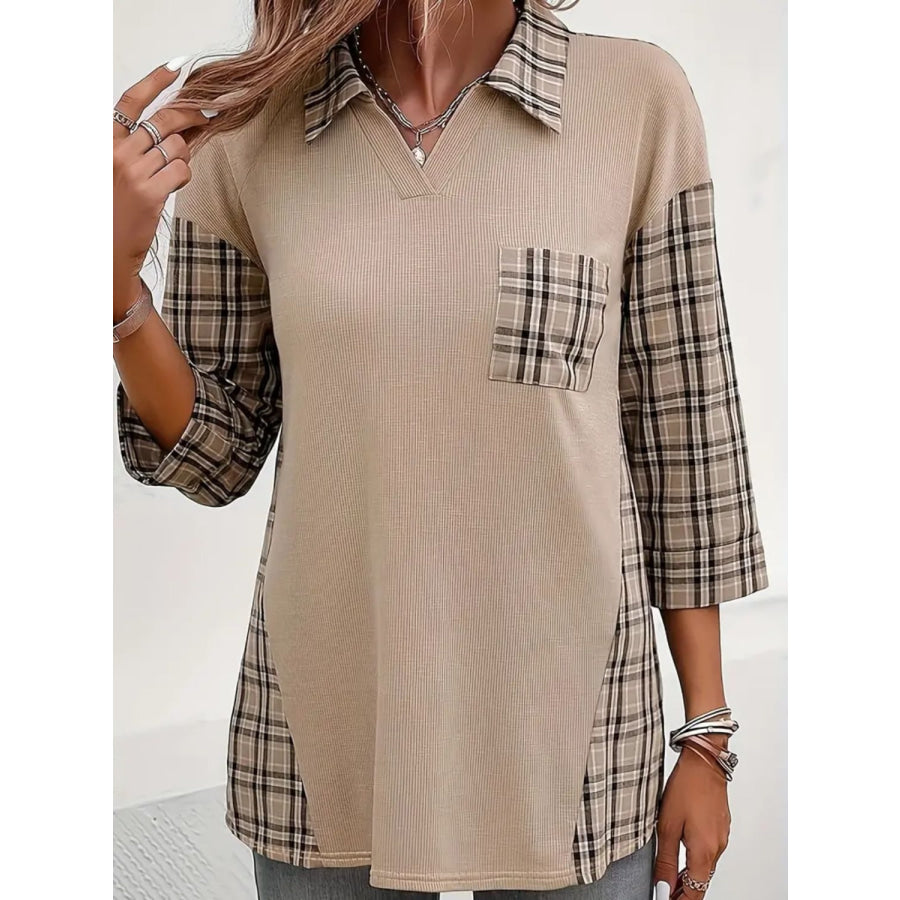 Plaid Johhny Collar Three-Quarter Sleeve T-Shirt Apparel and Accessories