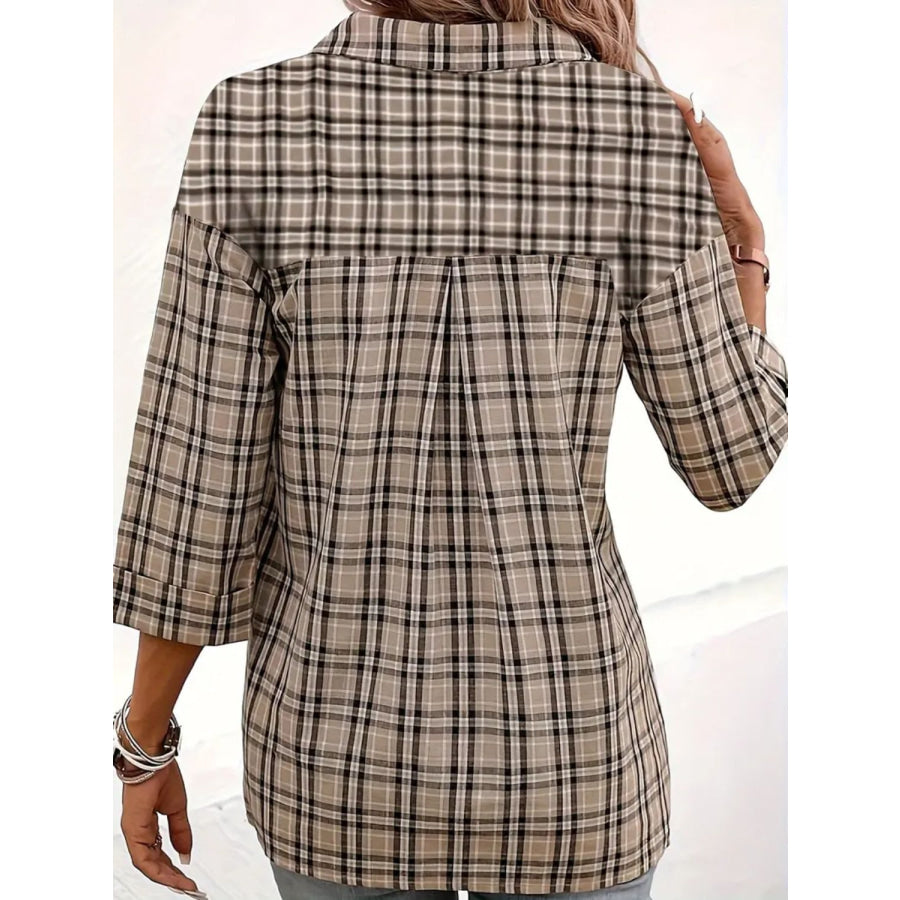 Plaid Johhny Collar Three-Quarter Sleeve T-Shirt Apparel and Accessories