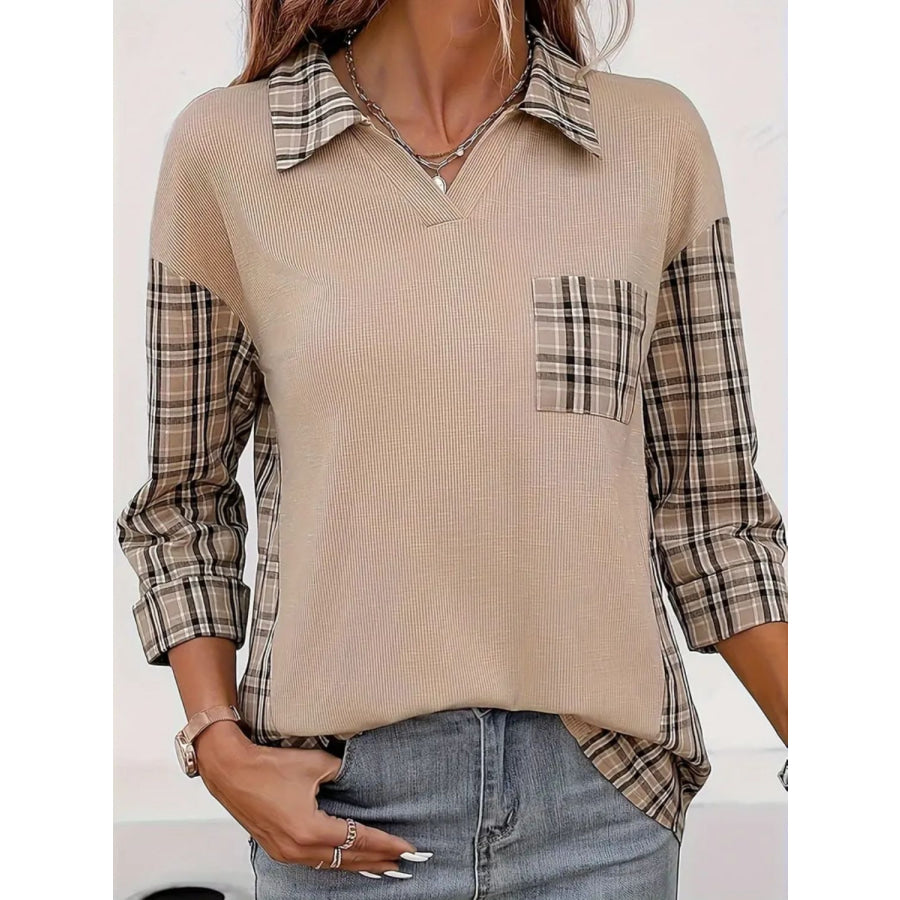 Plaid Johhny Collar Three-Quarter Sleeve T-Shirt Dust Storm / S Apparel and Accessories