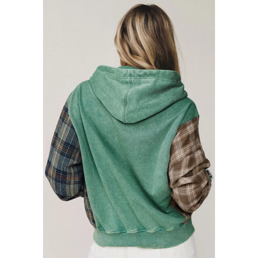 Plaid Kangaroo Pocket Hoodie Sage / S Apparel and Accessories