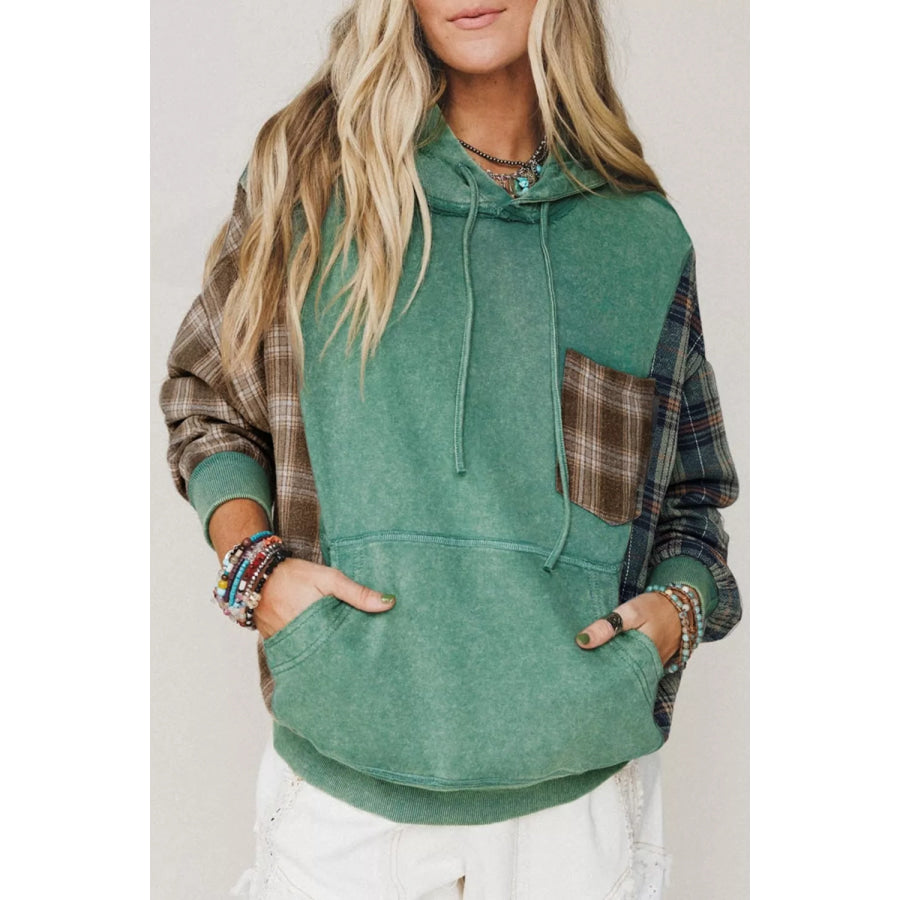Plaid Kangaroo Pocket Hoodie Sage / S Apparel and Accessories