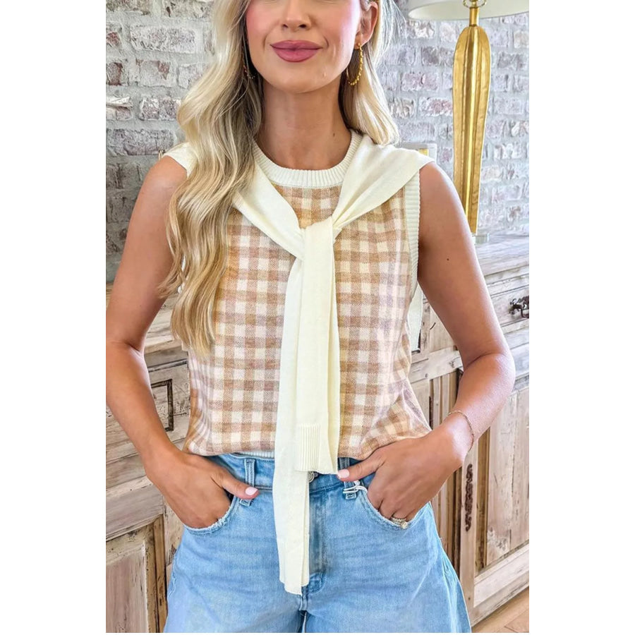 Plaid Knit Sweater Vest Tan / S Apparel and Accessories
