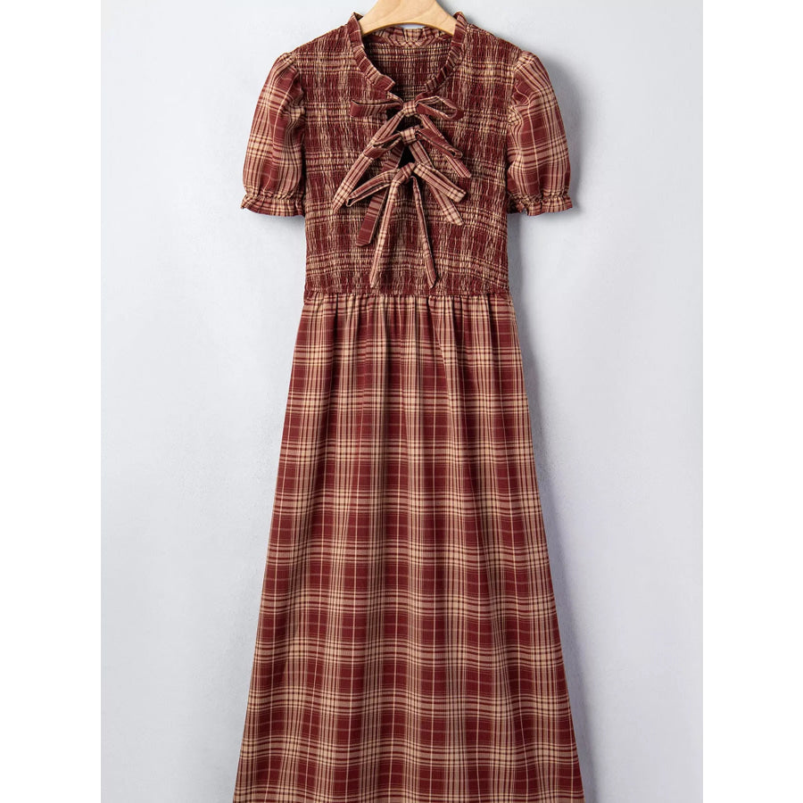 Plaid Knot Front Smocked High Waist Midi Dress Apparel and Accessories