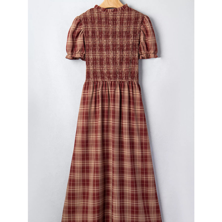 Plaid Knot Front Smocked High Waist Midi Dress Apparel and Accessories