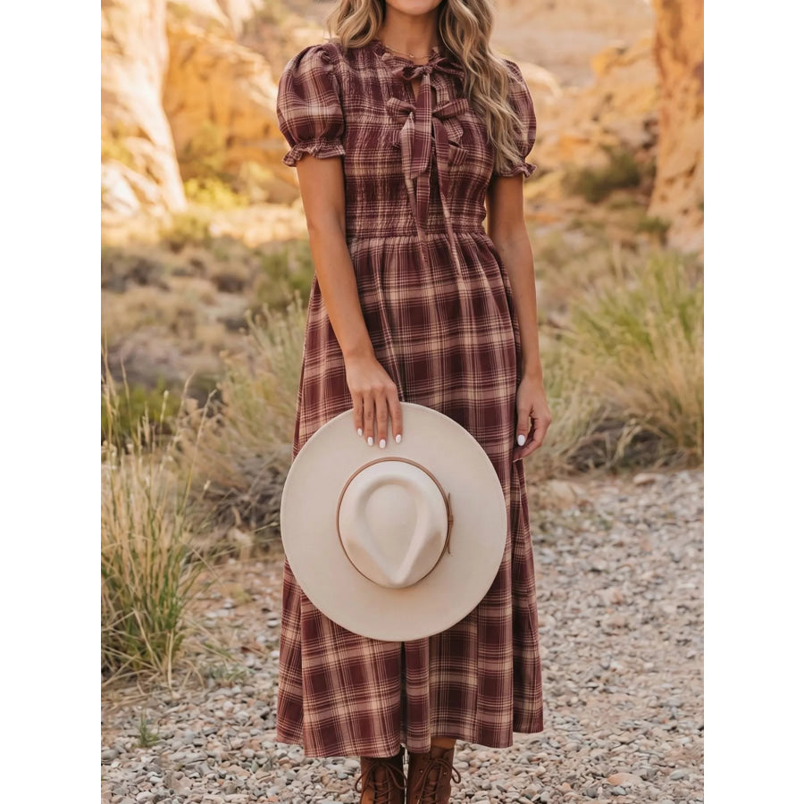 Plaid Knot Front Smocked High Waist Midi Dress Apparel and Accessories