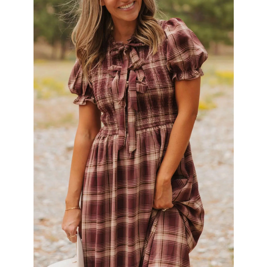 Plaid Knot Front Smocked High Waist Midi Dress Apparel and Accessories