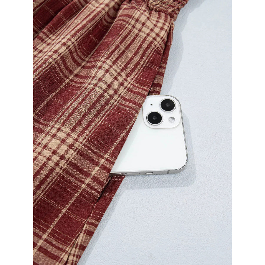 Plaid Knot Front Smocked High Waist Midi Dress Apparel and Accessories