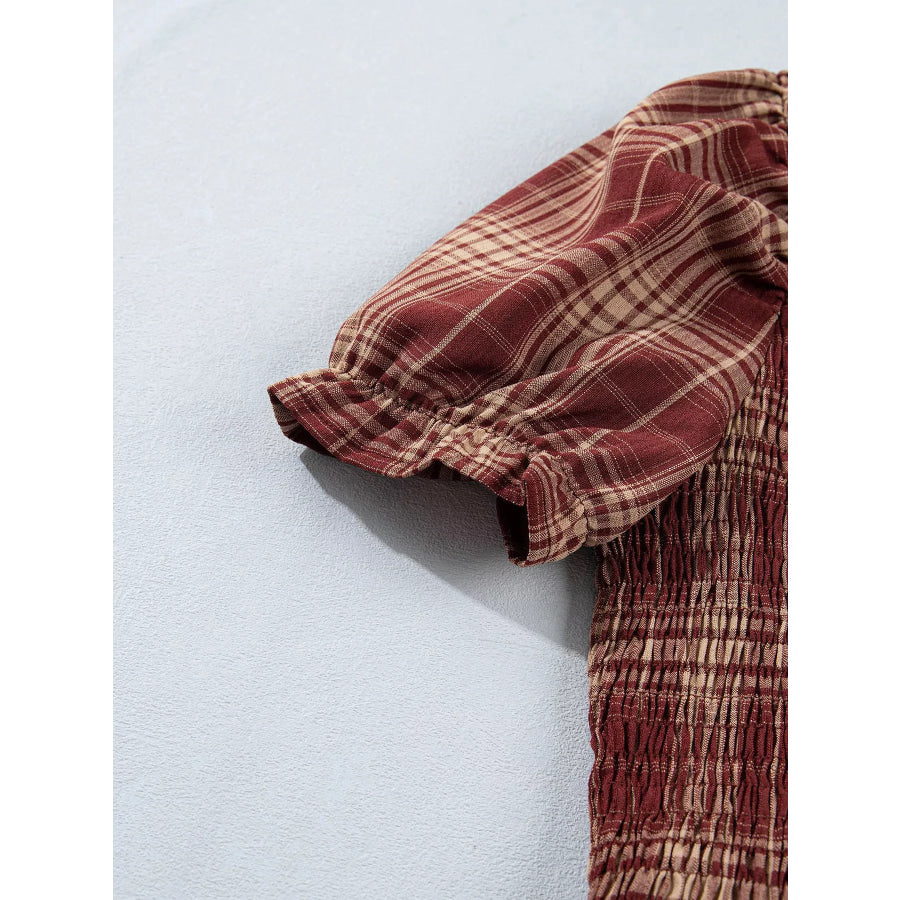 Plaid Knot Front Smocked High Waist Midi Dress Apparel and Accessories
