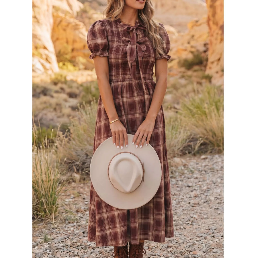 Plaid Knot Front Smocked High Waist Midi Dress Apparel and Accessories