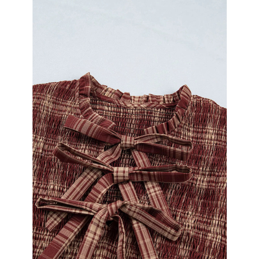 Plaid Knot Front Smocked High Waist Midi Dress Apparel and Accessories