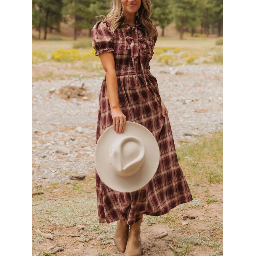 Plaid Knot Front Smocked High Waist Midi Dress Apparel and Accessories