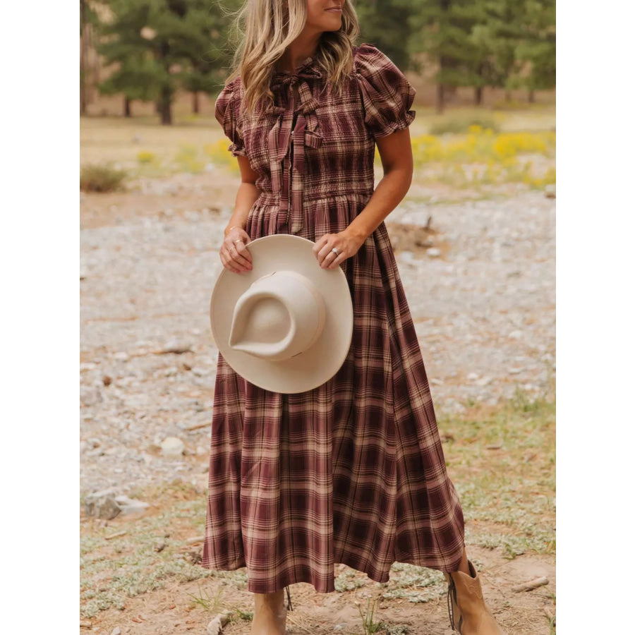 Plaid Knot Front Smocked High Waist Midi Dress Rust / S Apparel and Accessories