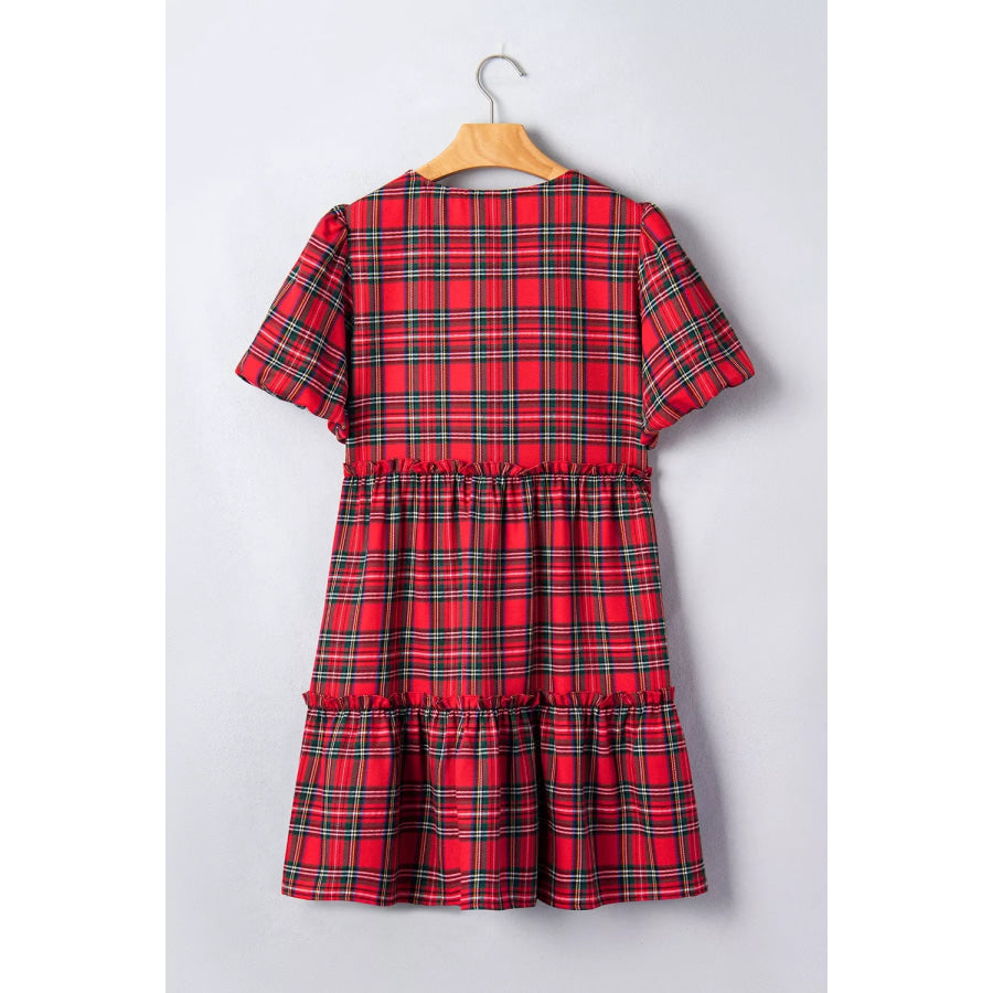 Plaid Knot Neck Short Sleeve Mini Shift Dress Apparel and Accessories