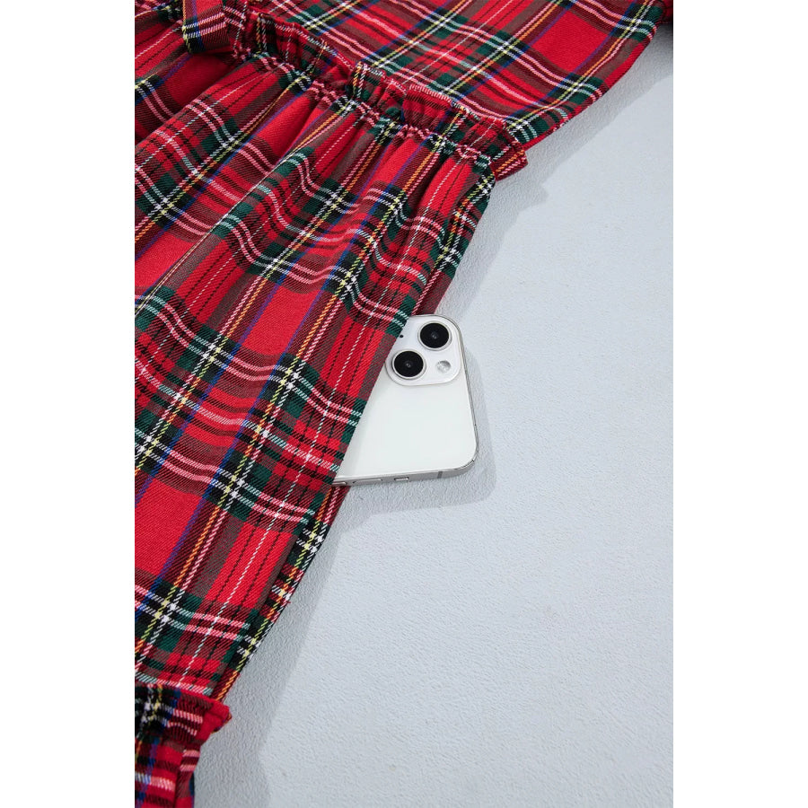 Plaid Knot Neck Short Sleeve Mini Shift Dress Apparel and Accessories