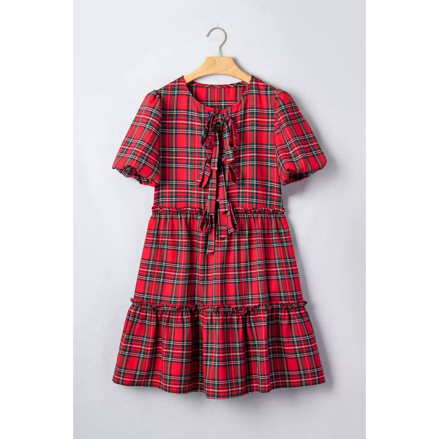 Plaid Knot Neck Short Sleeve Mini Shift Dress Apparel and Accessories