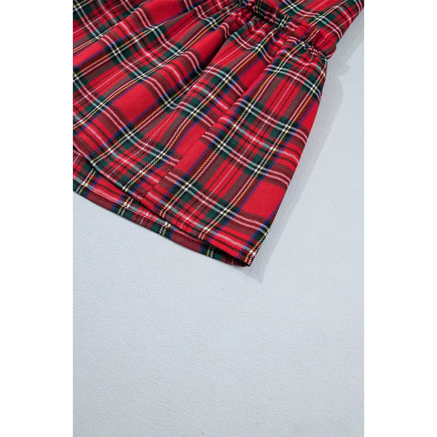 Plaid Knot Neck Short Sleeve Mini Shift Dress Apparel and Accessories