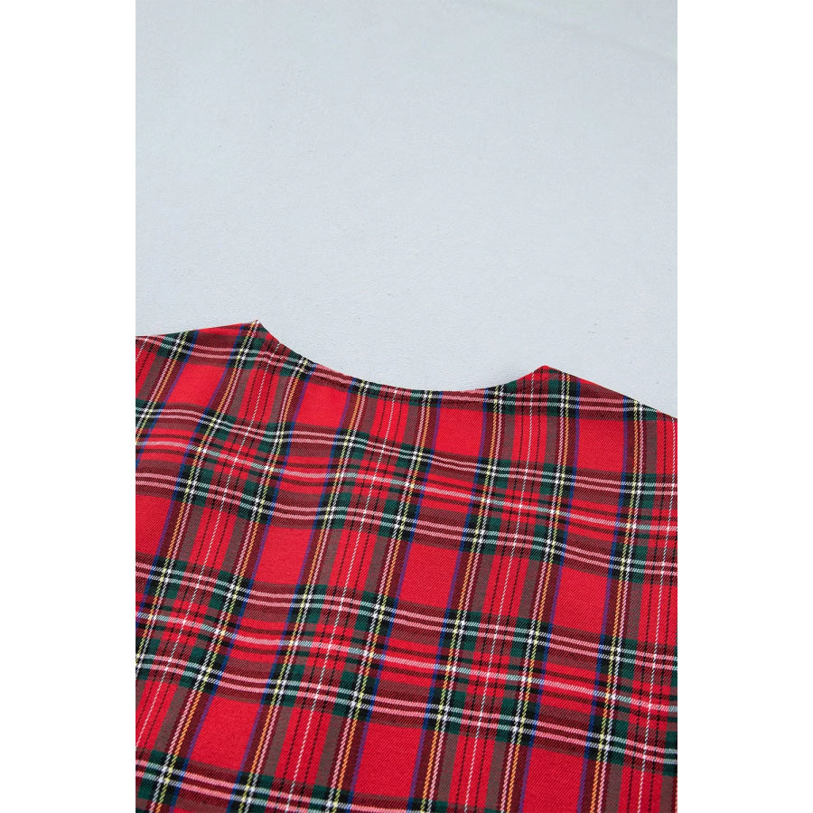Plaid Knot Neck Short Sleeve Mini Shift Dress Apparel and Accessories