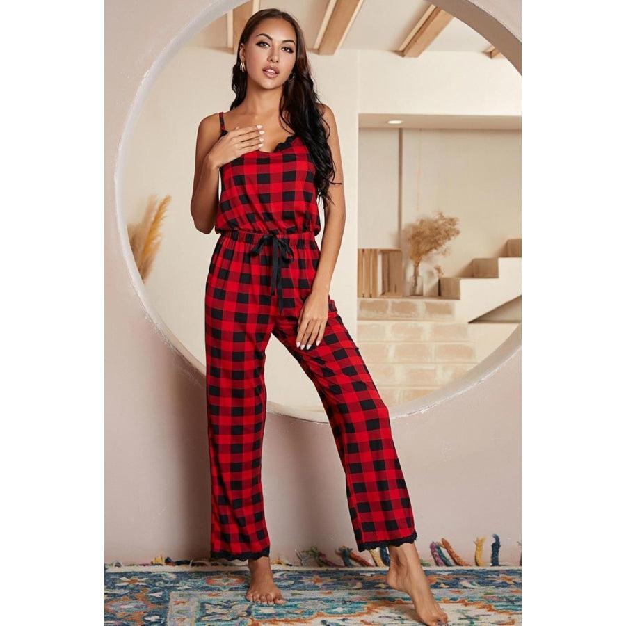 Plaid Lace Trim Spaghetti Strap Jumpsuit Red / S