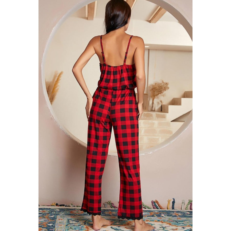 Plaid Lace Trim Spaghetti Strap Jumpsuit