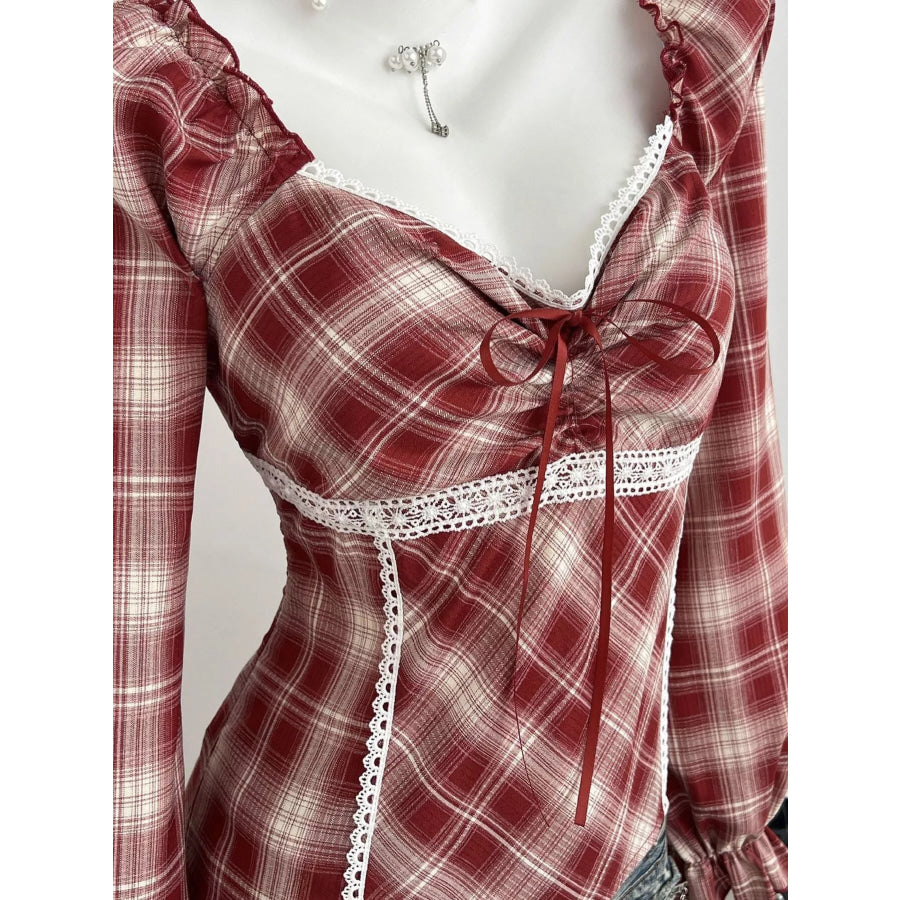 Plaid Lace-Trimmed Long Sleeve Blouse Apparel and Accessories