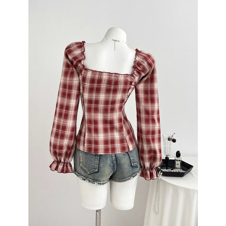 Plaid Lace-Trimmed Long Sleeve Blouse Apparel and Accessories