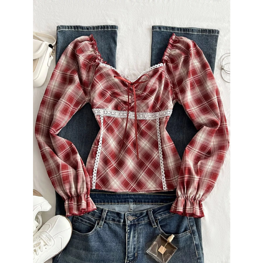 Plaid Lace-Trimmed Long Sleeve Blouse Apparel and Accessories