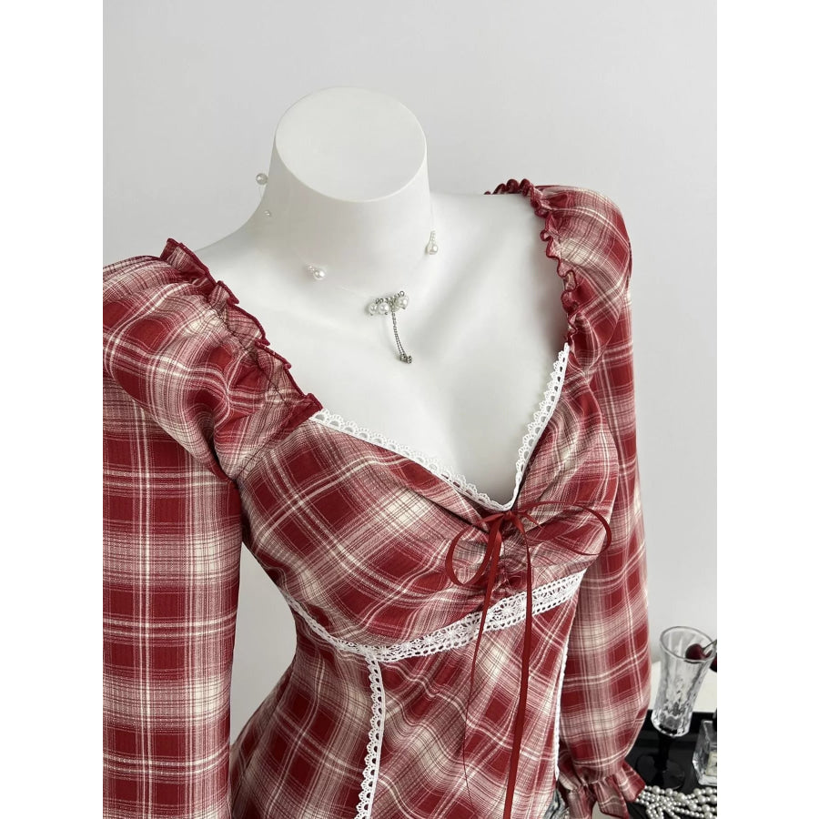Plaid Lace-Trimmed Long Sleeve Blouse Apparel and Accessories
