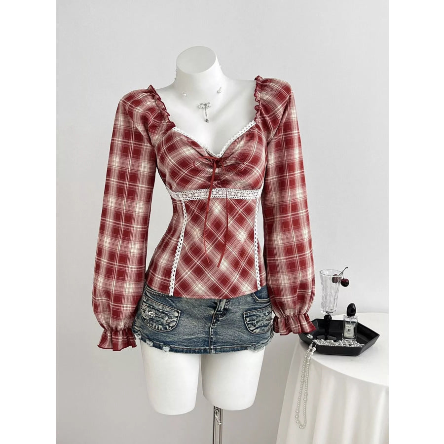 Plaid Lace-Trimmed Long Sleeve Blouse Red / S Apparel and Accessories