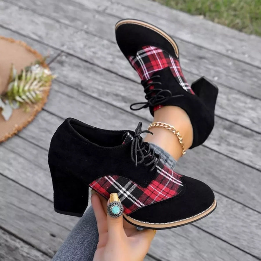Plaid Lace Up Block Heels Boots Apparel and Accessories