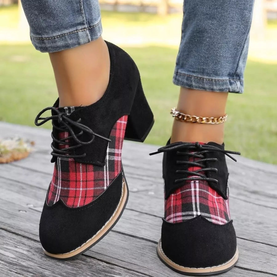 Plaid Lace Up Block Heels Boots Apparel and Accessories