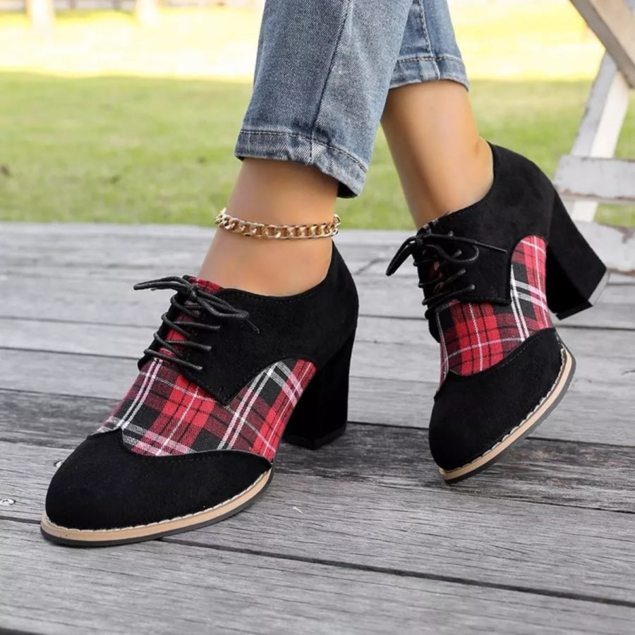 Plaid Lace Up Block Heels Boots Apparel and Accessories